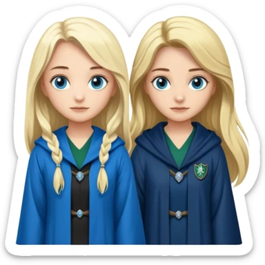 a pretty ravenclaw girl with long dark brown hair and blue eyes standing with a hot Slytherin girl with long blonde hair, blue eyes sticker