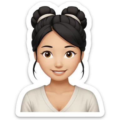 medium tan asian woman with long black hair tied in a high messy bun, round brown eyes, white v neck blouse. shes smiling and friendly. sticker