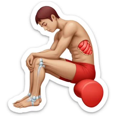 A person sitting and holding their knee, showing pain or inflammation. A red area highlights the joint to indicate soreness. Realistic photography style with clear detail on hands, knee, and muscle tension, plain white background for medical illustration use. sticker