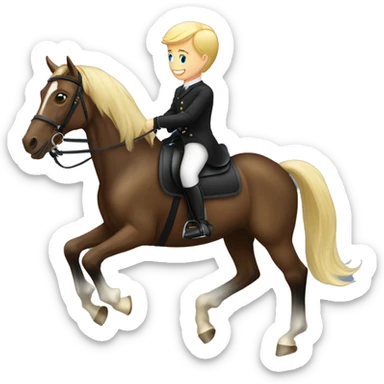 A blonde boy riding a black dressage horse sticker