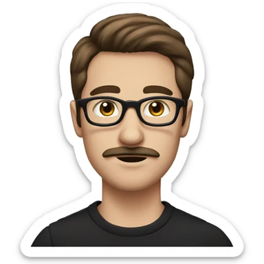 Guy, brown hair, moustache with soul patch, blue eyes, round glasses, wearing a black jumper sticker