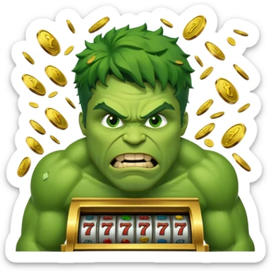 disheveled hulk losing money at a slot machine, panicked face, coins flying sticker