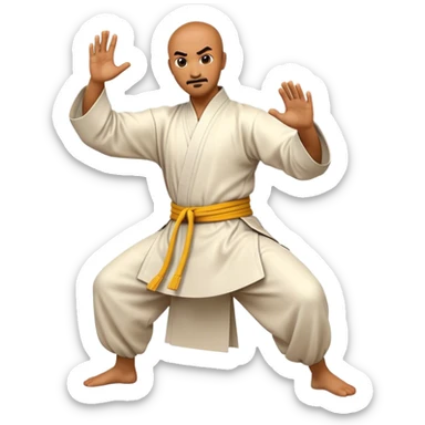 Cinematic Realistic Kung Fu Action Emoji, depicted as an epic martial arts scene with a master executing a precise move in traditional attire, rendered with fluid motion and vibrant textures under dramatic high-contrast lighting. sticker