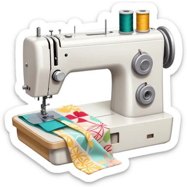 Sewing icon, sewing machine with thread, visible needle, spools of thread, fabric pieces cut according to patterns, scissors, and measuring tape, a piece of clothing in progress, minimalistic style, clean lines, transparent background. sticker