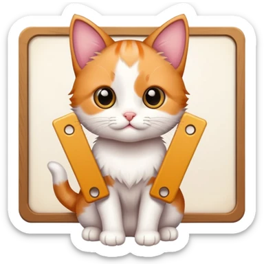 Cute cuddly calico kitten holding a large sign sticker