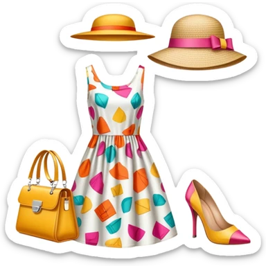Icon for Fashion Design: a clothing pattern, a stylish hat, a bright dress, shoes, and a handbag, with measurements, a measuring tape, and a pencil. The icon should represent the creative and precise process of fashion design. Transparent background. sticker