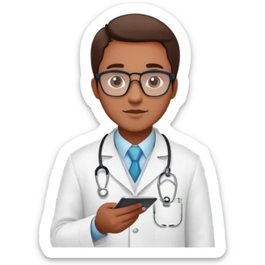 Pharmacist in white lab coat with medicine bottles and prescription pad sticker