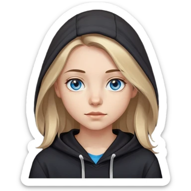 girl with blue eyes, shoulder-length brown hair with light blonde streaks, wearing a black hoodie sticker