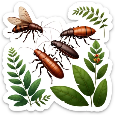 Close-up of giant Madagascar hissing cockroaches, butterflies, and stick insects in their natural habitat. The insects are shown in detail, highlighting their unique textures and colors, surrounded by plants and leaves. Soft lighting to enhance their features. Transparent background. sticker