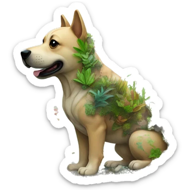 A dog made of glass filled with plants as a terrarium with graffiti doodles sticker
