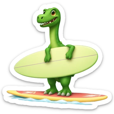 green dinosaur wearing a tutu on a surfboard sticker