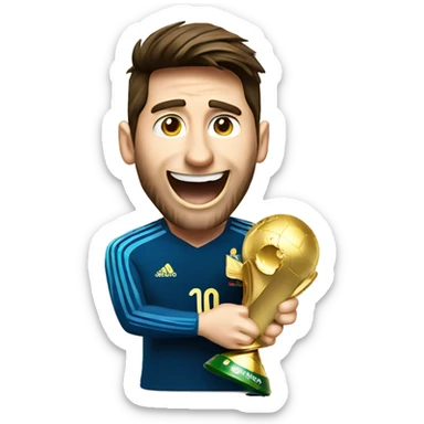 Messi wining world cup trophy with a happy face sticker