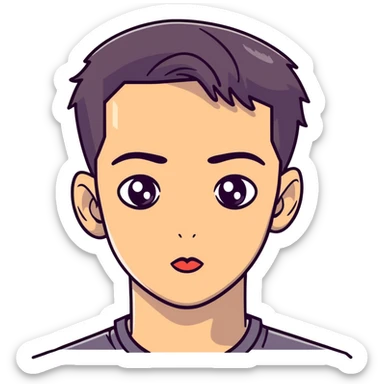 young man with modern black haircut, big eyes, medium lips, big eyebrows sticker
