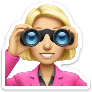 white female employee with loose blonde hair wearing intensive color pink suit looking in binoculars sticker