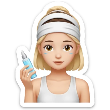clean girl aesthetic emoji, applying skincare, headband, glowing skin, white tank top, soft lighting sticker