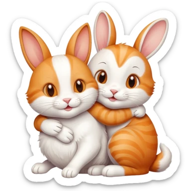 Smiling cat hugging a rabbit friend sticker