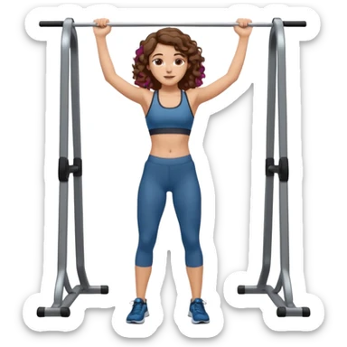 full body, very beautiful italian girl, looking like Emma Watson, with curly and big volume very bright brown hair, workout clothes doing a pullup

 sticker