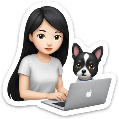 Blue back ground, Asian girl with long black hair , wearing a white t-shirt, working on an Apple laptop, next to her is a small black and white dog sticker