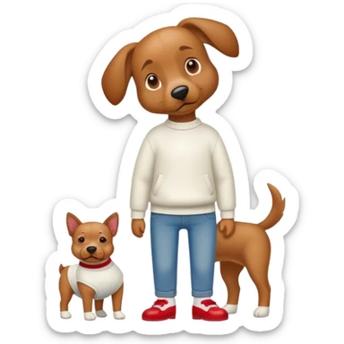 Brown dog standing upright with hands in jean pockets, wearing a white sweater and red shoes sticker