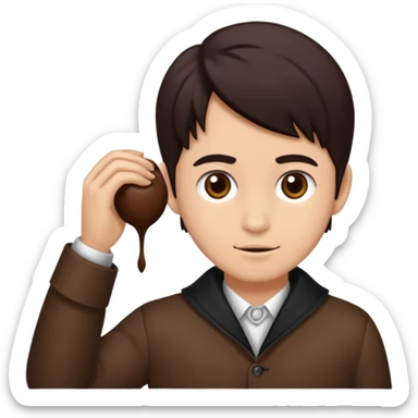 Emoji iPhone seorang pria dengan rambut hitam, dengan poni, mengenakan atasan jas berwarna coklat kehijauan , mata gelap  sticker