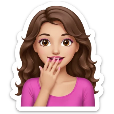 girl with long wavy brown hair, brown eyes, long lashes makeup, sexy pink lips, light to medium complexion, wearing a pink sexy top, sexy, giggling hand covering mouth sticker