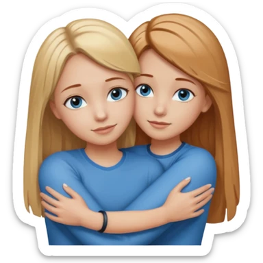 Two girls are hugging. One has dirty blonde hair with a little reddish in it. She has also grey eyes. Her hair is long and straight. The other girl is blonde and has really bright blue eyes sticker