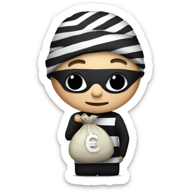 Robber wearing black and white striped lines holding a money bag sticker