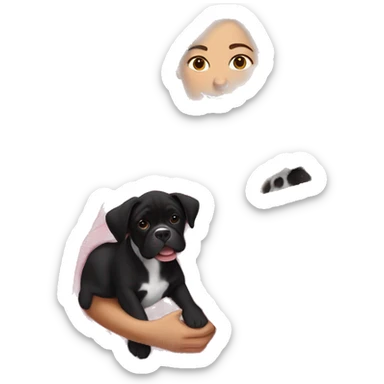 a woman with brown hair is cradling her puppy in a pink baby blanket. the puppy is a black boxer dog. the woman is smiling with mouth ajar. you can see the woman cradling the puppy like a baby from her waist up.  sticker