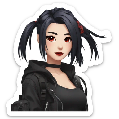 Gorgeous techwear anime style lady with blushing face aesthetic and pretty edgy black red punk hair with hair garment trending style sticker