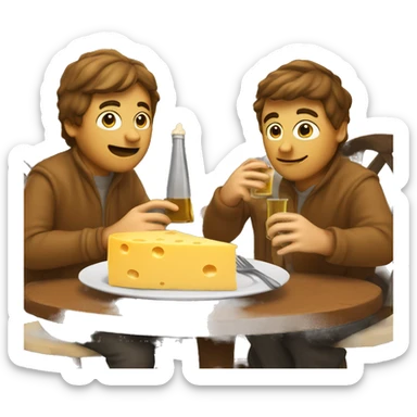 2 guys sitting at the table eating cheese with cumin and drinking beer, and in the background is fireplace sticker