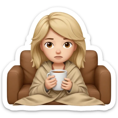 Девушка-мемоджи с грустным и уставшим лицом сидит дома на диване, завернувшись в плед, с чашкой остывшего чая. Волосы растрёпаны, выражение скуки и тоски, домашняя одежда скучная. Белый фон. sticker