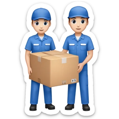 two suppliers standing together holding a big box, both wearing blue caps and blue work uniforms sticker