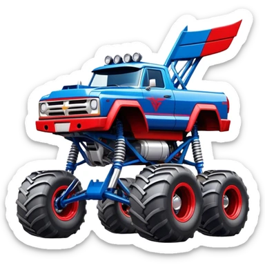 Avenger - Monster Jam (Model Year: 2021) (Iconic colour: Blue and red) - A dynamic monster truck with a split-color scheme: predominantly blue accented by bold red elements. Focus on strong, angular lines and vivid contrasting colors that evoke high energy and a futuristic, rebellious style. sticker