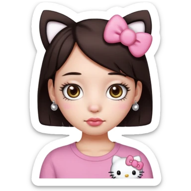 Chica con pelo corto y castaño oscuro, piel blanca, ojos hazel y pestañas largas, un piercing septum redondo pequeño y un filtro de hello kitty sticker