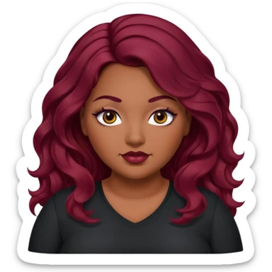 Plus size red hair brown face small eyes long hair Asian eyes small eyes wavy hair eye lashes burgundy hair black shirt sticker