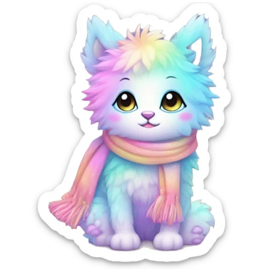 Edgy Kawaii cute cool gorgeous colorful sparkly bright light pastel gradient fantasy ethereal fluffy fursona animal creature with a cute scarf full body sticker