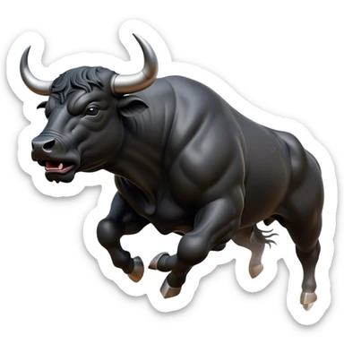 ​Cinematic Realistic Black Charging Bull, depicted in mid-charge with a powerful, muscular form and glossy black hide glistening under dynamic dramatic lighting, dust and motion captured mid-air to exude raw strength and unbridled energy on an expansive arena, sticker