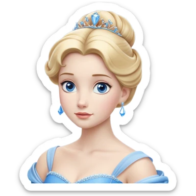 Cinematic Realistic Noble Cinderella Portrait, depicted with porcelain skin rendered in lifelike detail and soft, natural lighting that highlights every delicate nuance. Her intricately styled golden-blonde hair is arranged in an elegant updo, and her deep, expressive blue eyes radiate quiet determination. She wears her classic ball gown with rich fabric textures and delicate folds catching the light beautifully, all set against a subtly glowing, natural background that captures the essence of timeless royal grace. sticker