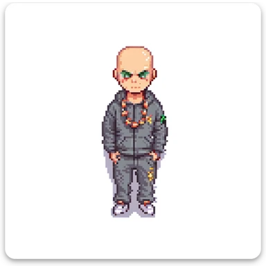 Pixel art thug in tracksuit, holding chain in Hand, bald head, angry expression, side view, retro arcade sprite
 sticker