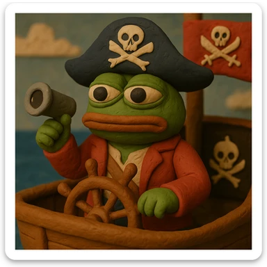 Add the exact skull and crossbones symbol to the pirate flag and the pirate hat in the claymation style image of Pepe the Frog as a pirate captain on a ship with an ocean background. sticker