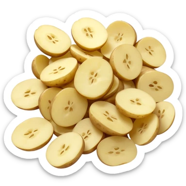 loose scatter of off-white potato flakes with irregular, lightweight shapes, slightly translucent dry texture, thin curled edges, uneven sizes, dehydrated instant mashed potato flakes, no bowl spoon or packaging, apple emoji style, soft lighting, subtle shadows, emoji scale sticker