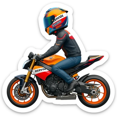 Give me a man ride with repsol helmet and motorcycle sticker