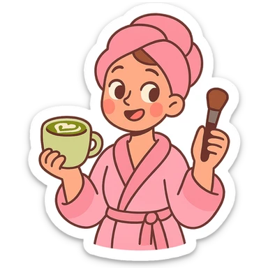 girly girl in pink robe with matcha latte and makeup, pastel cartoon style sticker
