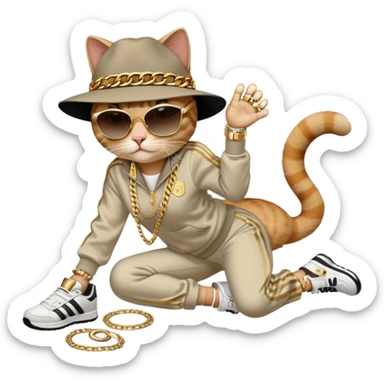 female cat dressed like Run DMC in tracksuit, fedora, Adidas shoes, dark sunglasses, lots of gold chains, rings, bracelets, earrings, lying on the ground after falling sticker
