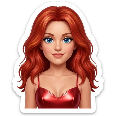 Ginger Spice from Spice Girls with blue eyes, long red hair with blonde highlights, red metallic sweetheart dress sticker