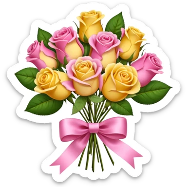A bouquet of flowers, composed of pink and yellow roses, four blooms in total, tied with ribbon. sticker