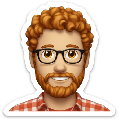 man around 25 with blue eyes with redhead short mid-curly hair. with beard and glasses. scarlet checked shirt sticker