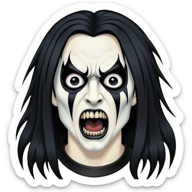Black metal musician with corpse paint, long hair, screaming sticker