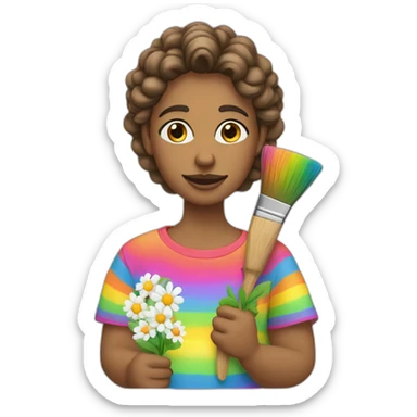 causaian with rainbow clothes and flowers on face and paintbrush sticker