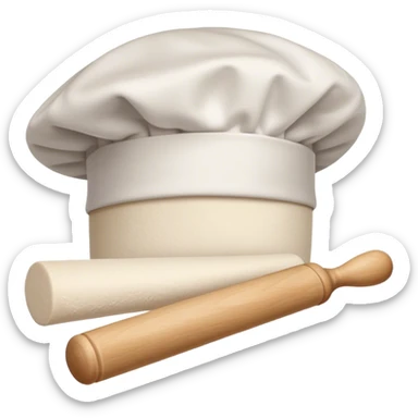 Cinematic Realistic Chef Hat & Rolling Pin, crisp white cotton hat with soft folds, resting beside a classic wooden rolling pin with smooth, polished curves, a light dusting of flour adding authenticity, warm kitchen lighting casting gentle shadows, glowing with a cozy and inviting charm. sticker